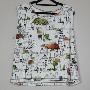 Vintage Chicos Travel Print Tank Top Size L/XL Wearable Art Cotton Cityscape